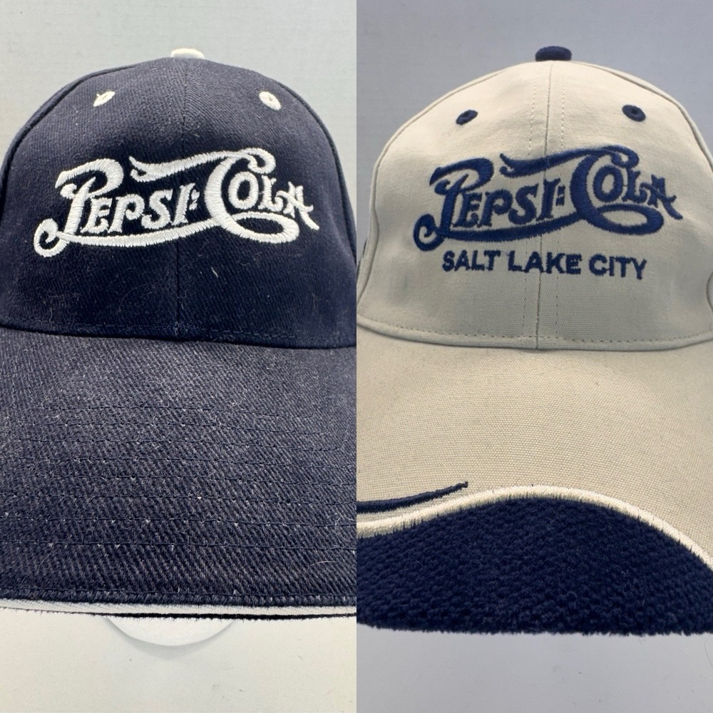 Lot of 2 PEPSI-COLA Navy Blue White Adjustable One Size Fits All Embroidered Cap